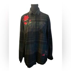 Express Black and Red Casual Button Flannel Down Shirt with Flower Design GUC